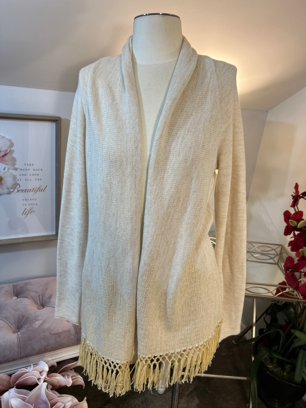 Lilly Pulitzer Tatum Fringe Cardigan Sweater Cream Shimmer Size M/L
